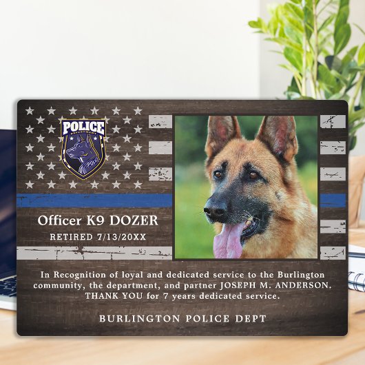 Plaque Photo Police K9 Chien Agent d'application de la loi Retr