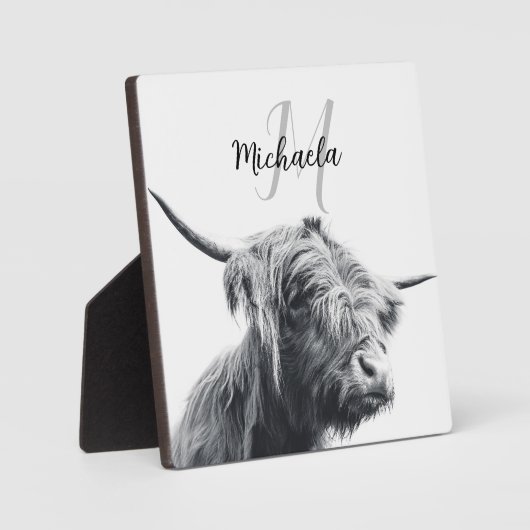 Plaque Photo Portrait de vache Highland premier monogramme noir (Recto)