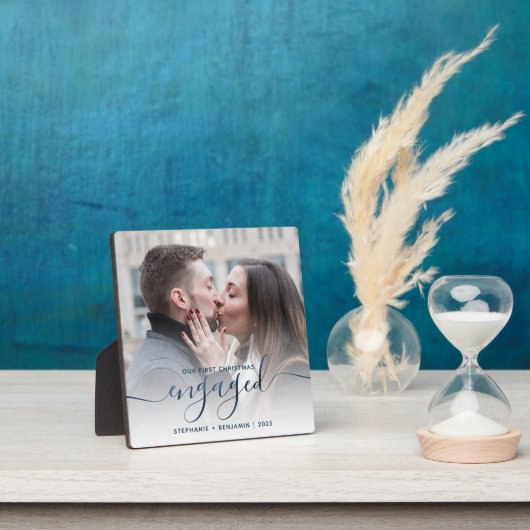Plaque Photo Premier Noël de fiançailles Photo Script Bleu Méta (Insitu)