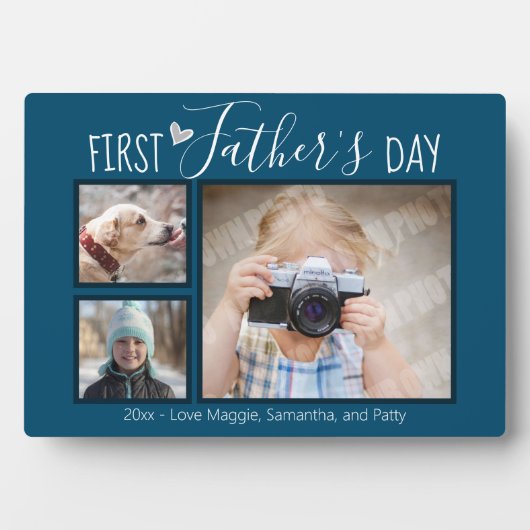 Plaque Photo Première Fête des pères 3 Photo Collage bleu (Devant)