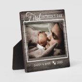 Plaque Photo Première Fête des pères Photo Bois foncé rustique (Recto)
