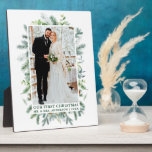 Plaque Photo Première photo de l'aquarelle de Noël<br><div class="desc">Elégante aquarelle Verdure Cadre de pin Notre premier Noël Nouveau marié Mariage Plaque photo - Texte vert</div>
