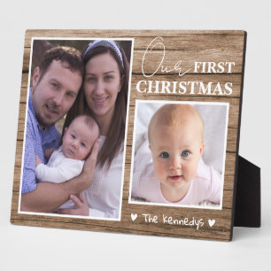 Plaque Photo Première photo de Noël de bébé en bois rustique 2