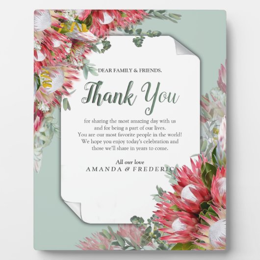 Plaque Photo Protea Fuchsia avec des rubans verts et or (Devant)