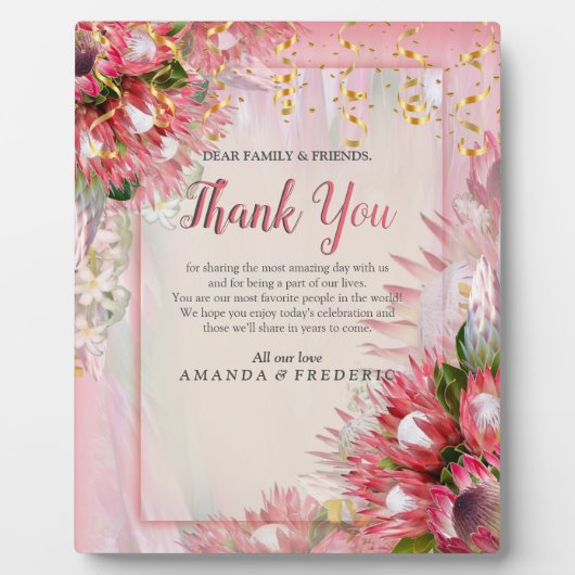 Plaque Photo Protea Fuchsia avec rubans Blush & Gold (Devant)