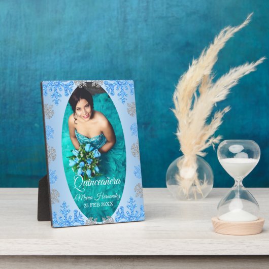 Plaque Photo Quinceañera Ice Blue Silver Winter Snowflake (Côté)