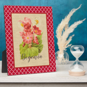 Plaque Photo Red Begonia Botanical et Quatrefoil