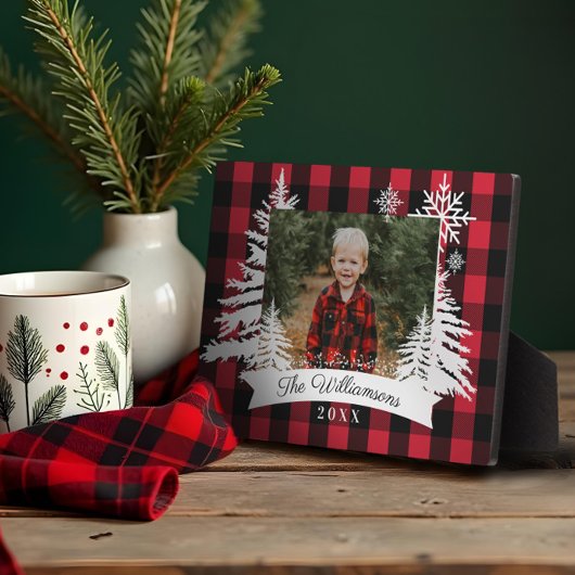 Plaque Photo Red Buffalo Plaid Russe Pine Tree Family Photo