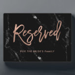 Plaque Photo Reserved | Rose Gold Script Black Marble Wedding<br><div class="desc">This elegant plaque says "reserved" in faux rose gold look,  modern handwritten script and has a spot to add a name. The background has a black marble look. The perfect reserved sign for your elegant,  modern wedding.</div>