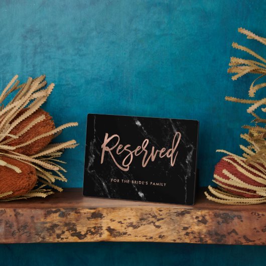 Plaque Photo Reserved | Rose Gold Script Black Marble Wedding (Côté)