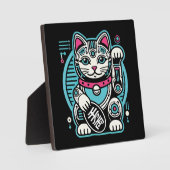 Plaque Photo Robot Cyberpunk Maneki Neko Chat Lucky, Argent (Recto)