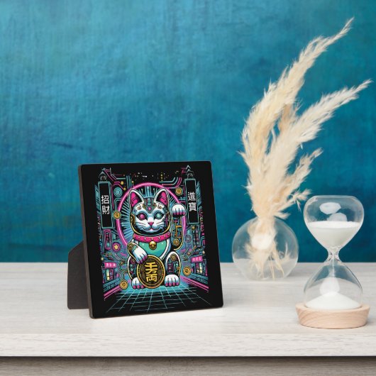 Plaque Photo Robot Cyberpunk Maneki Neko Chat Lucky, Argent (Insitu)