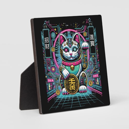 Plaque Photo Robot Cyberpunk Maneki Neko Chat Lucky, Argent (Recto)