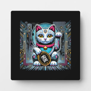 Plaque Photo Robot Cyberpunk Maneki Neko Chat Lucky, Argent