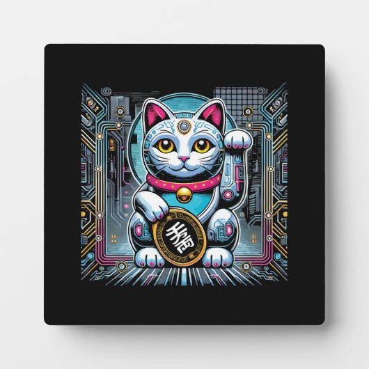 Plaque Photo Robot Cyberpunk Maneki Neko Chat Lucky, Argent (Devant)