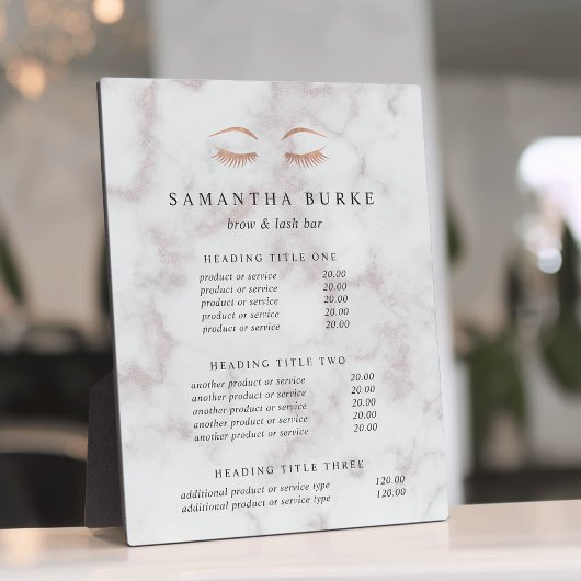 Plaque Photo Rose de marbre Gold Lash & Brow Tarification/Servi