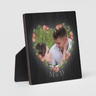 Plaque Photo Rustique Bois Floral Coeur Photo et Initiales