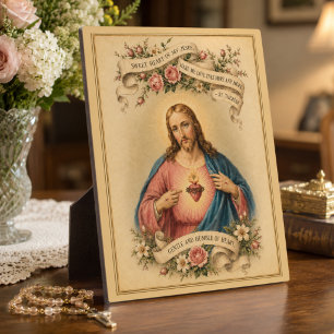 Plaque Photo Sacré-Cœur de Jésus vintage avec prière de Ste Thé