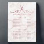 Plaque Photo Salon de marbre d'or rose Menu Prix<br><div class="desc">Élever le décor de votre salon avec cette élégante plaque de menu prix, avec un ciseau rose en or design sur un arrière - plan en marbre doux. Idéale pour les salons de beauté, les coiffeurs et les services spas, cette plaque personnalisable offre une façon élégante d'afficher vos offres de...</div>
