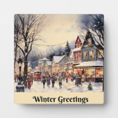 Plaque Photo Salut d'hiver, rue de ville enneigée, (Devant)