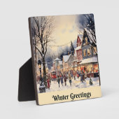 Plaque Photo Salut d'hiver, rue de ville enneigée, (Recto)