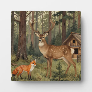 Plaque Photo Scène de cabane forestière avec cerf et renard
