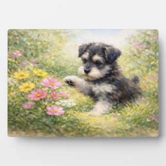 Plaque Photo Schnauzer Puppy Springtime Flowers