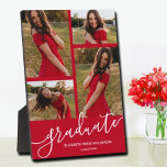 Plaque Photo Script moderne 4 Photo Red Graduation Keepsaké<br><div class="desc">Vos photos préférées, le mot Graduate, votre nom et votre année de graduation en texte blanc élégant sur un arrière - plan rouge cardinal, cette plaque photo sans cadre avec un chevalet intégré est un grand souvenir de l'étape spéciale de votre diplômé. Cliquez sur le lien Personnaliser pour modifier la...</div>