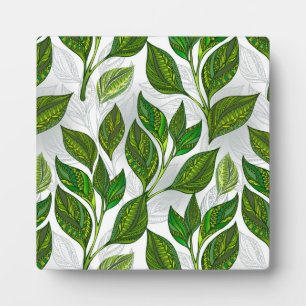 Plaque Photo Seamless Pattern with Green Tea Leaves
