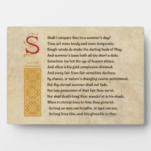 Plaque Photo Shakespeare Sonnet 18 (XVIII) sur Parchemin