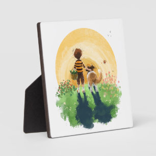 Plaque Photo Sheltie Dog and Boy Walk in Sunset