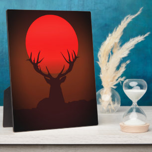 Plaque Photo Silhouette de cerf avec coucher de soleil rouge fe