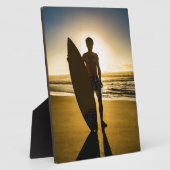 Plaque Photo Silhouette surfeuse au lever du soleil (Côté)
