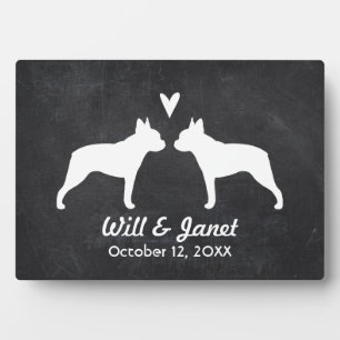 Plaque Photo Silhouettes Boston Terrier avec coeur et texte