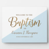 Plaque Photo Simple moderne Blue Gold Calligraphie bébé Baptême (Devant)