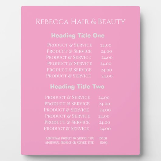 Plaque Photo Simple Salon Spa Pricing & Service Pink Display (Devant)