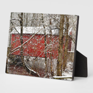 Plaque Photo Snowy Ashland Red Covered Bridge in Delaware