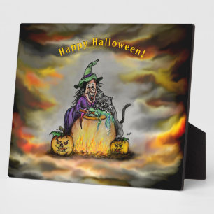 Plaque Photo Sorcière et chat noir, Happy Halloween !