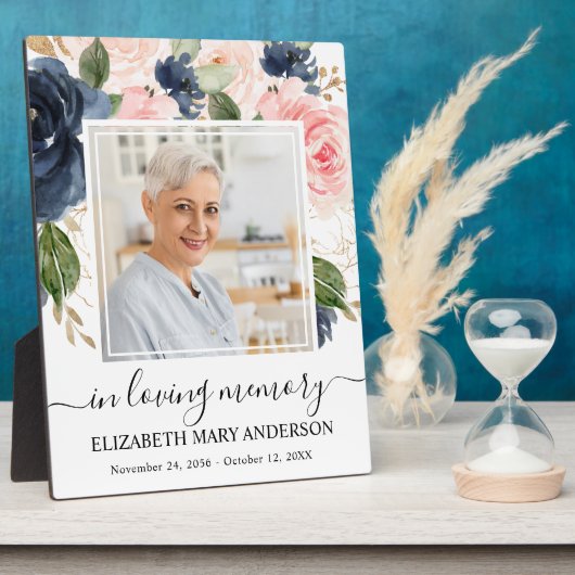 Plaque Photo Souvenir Rose Fleurs Bleu Marine (Côté)