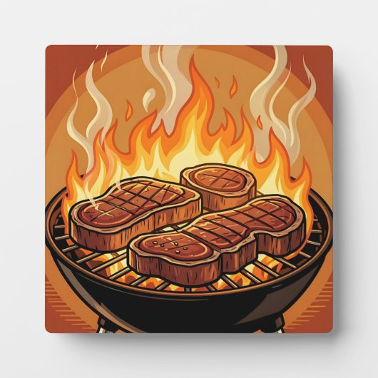 Plaque Photo Steaks grillés flammes BBQ (Devant)