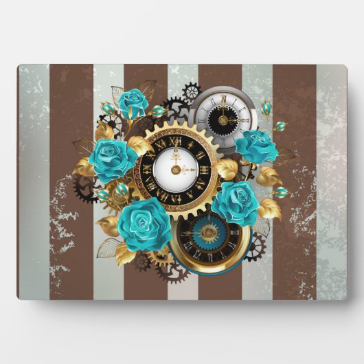 Plaque Photo Steampunk Clock and Turquoise Roses on Striped (Devant)
