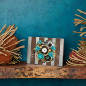 Plaque Photo Steampunk Clock and Turquoise Roses on Striped (Côté)
