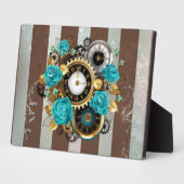 Plaque Photo Steampunk Clock and Turquoise Roses on Striped (Côté)