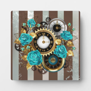 Plaque Photo Steampunk Clock and Turquoise Roses on Striped