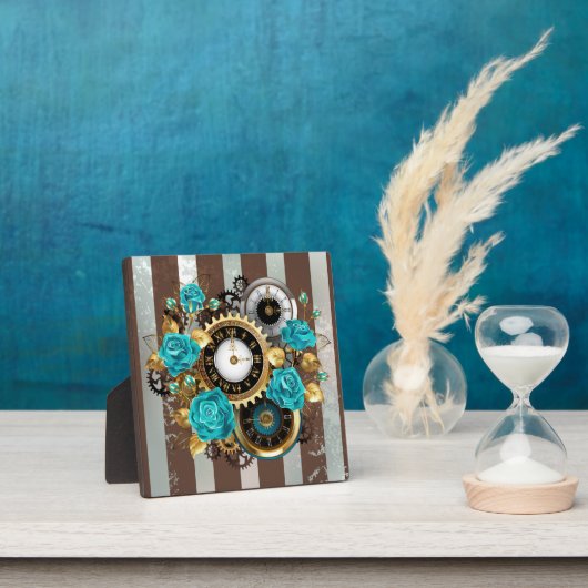 Plaque Photo Steampunk Clock and Turquoise Roses on Striped (Insitu)
