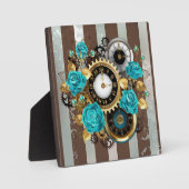 Plaque Photo Steampunk Clock and Turquoise Roses on Striped (Recto)