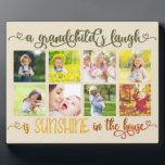 Plaque Photo Sunshine in the House Petit-enfant Citation photo<br><div class="desc">Créez votre belle plaque photo avec 8 de vos photos préférées. Le design comporte la citation "le rire d'un petit-enfant est ensoleillé dans la maison". Il est écrit en calligraphie ornée avec les coeurs d'amour et une palette de couleurs ombragées de vert olive à travers jaune ensoleillé et orange brûlé....</div>