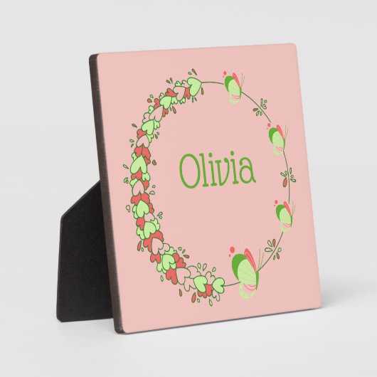 Plaque Photo Tablette rose et vert Coeurs et papillon Wreath (Recto)