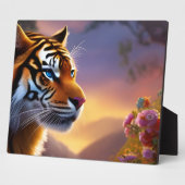 Plaque Photo Tigre bleu et fleurs roses (Côté)