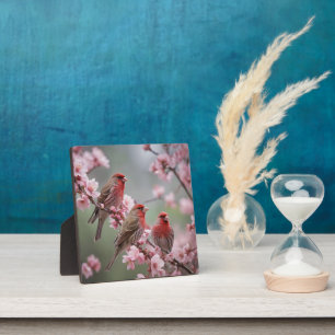 Plaque Photo "Trio cramoisi : Pinsons rouges parmi les fleurs r